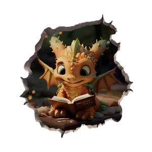 3D cracked wall decal featuring a cute cartoon dragon reading a Dragon Tales book