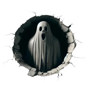 Sticker mural 3D Halloween avec un fantôme effrayant sortant d'un mur blanc brisé