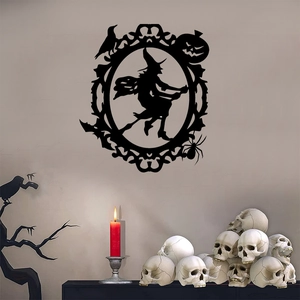 Αυτοκόλλητο τοίχου Halloween με σιλουέτα μάγισσας, κολοκύθες και κοράκια σε οβάλ πλαίσιο