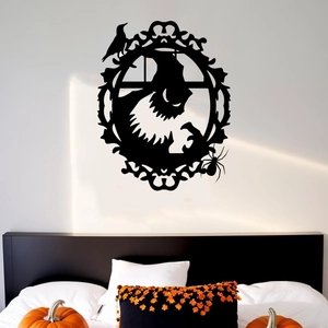 Γοτθικό αυτοκόλλητο τοίχου Halloween με μυστηριώδη σιλουέτα, κοράκια και αράχνες