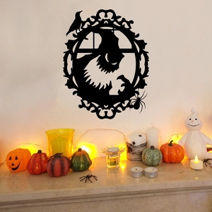 Αυτοκόλλητο τοίχου με σιλουέτα μάγισσας Halloween με vintage πλαίσιο και διακόσμηση