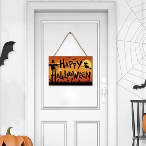 Wooden Happy Halloween door sign with pumpkin and witch motifs on a white front door