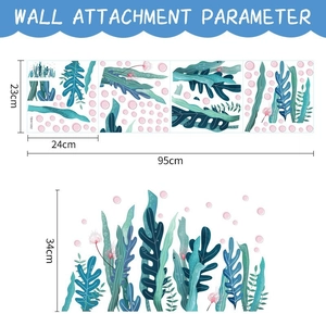 Aquatic green plant wall sticker with blue leaves and pink dots for bathroom decor