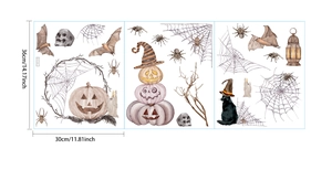 Three-piece Halloween window clings set with pumpkin, skull, and bat watercolor designs