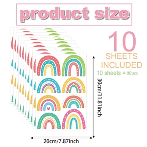 Dimensions du lot de stickers muraux arc-en-ciel comprenant 10 feuilles de 80 motifs en PVC