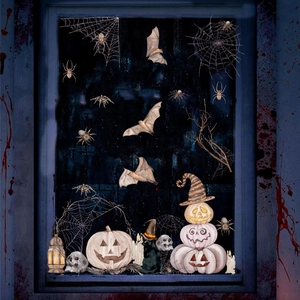 Halloween static window clings featuring pumpkins spiders and vintage skull decals