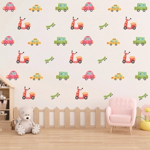 Stickers muraux transport bohème pour enfants avec voitures et camions dans une chambre de bébé