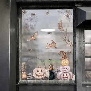 Halloween window clings featuring watercolor pumpkins, bats, and black cats on glass