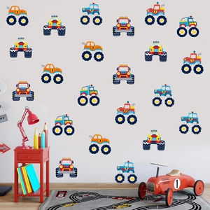 Stickers Muraux de Véhicules de Transport de Monster Truck de Dessin Animé pour Chambre d'Enfant Décor PVC Étanche Mural