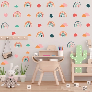 Stickers muraux arc-en-ciel nordique pour chambre d'enfant avec nuages et pois