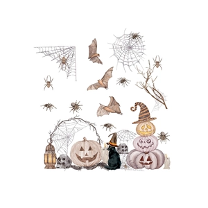 Halloween window decals featuring watercolor pumpkin, black cat, and spiderweb designs