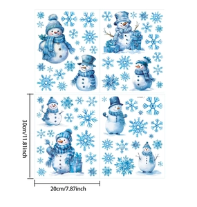 Flat lay of PVC Christmas snowman and blue snowflake window decals with size dimensions