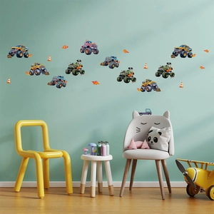 Autocollants muraux Monster Truck pour chambre de garçon avec véhicules de dessin animé