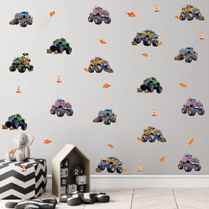 Stickers muraux camions monstres colorés et flammes pour décoration de chambre d'enfant