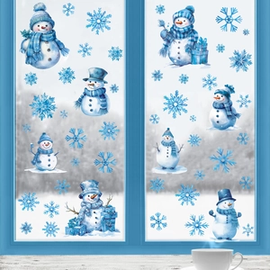 Watercolor Christmas snowman window stickers with snowflakes for winter home glass decoration