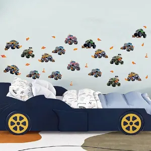 Autocollants muraux camions monstres colorés pour chambre de garçon aux motifs de transport
