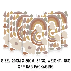 Detail view of 5 bohemian rainbow wall stickers showing 20x30cm size and OPP packaging