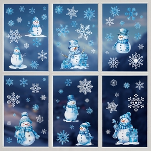 Christmas Static Window Stickers Cartoon Snowman Snowflake PVC Decals Blue White For Winter Holiday Home Glass Decoration