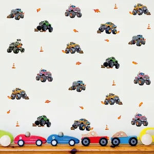 Stickers Muraux Monster Truck de Dessin Animé pour Chambre de Garçon Garderie PVC Amovible Motif Flamme Cônes de Signalisation