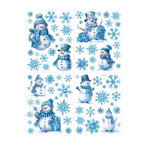 Watercolor Christmas snowman and blue snowflake PVC wall stickers for holiday decoration