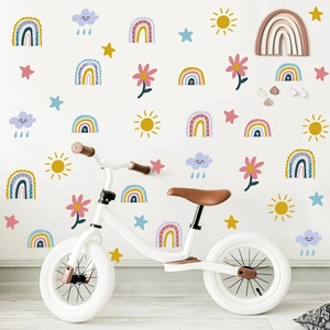 Bohemian rainbow and sun wall stickers for kids room with pastel nursery clouds