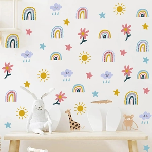 Bohemian rainbow cloud wall decals with cute cartoon animals for nursery decor