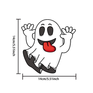 Detailed dimensions of 14cm playful Halloween ghost car sticker with red tongue