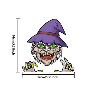 Detailed view of Halloween cartoon witch car sticker with size markings 14x14cm