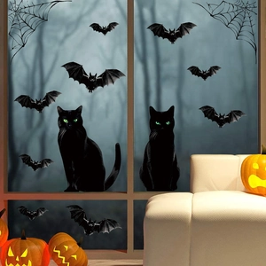 Stickers Halloween pour fenêtres avec chauves-souris noires, chats et toiles d'araignée