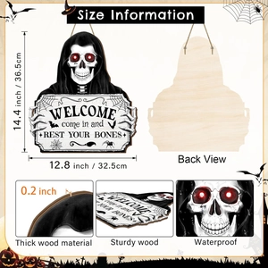 Vues détaillées de la plaque de porte d'Halloween en bois avec texture et matériau imperméable