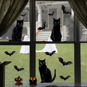 Stickers Halloween de fenêtres avec chats noirs, chauves-souris et toiles d'araignées