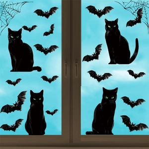 Stickers de Fenêtre d'Halloween Chat Noir Chauves-souris Toile d'araignée PVC Stickers Muraux Silhouette Décoration de Fête