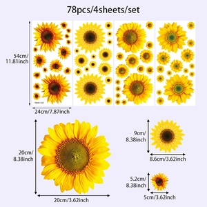 Detail view of sunflower window stickers set showing 78 pieces in various sizes and dimensions