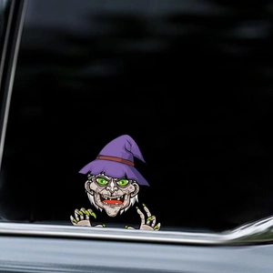 Halloween car decal featuring a creepy cartoon witch for window and body decoration