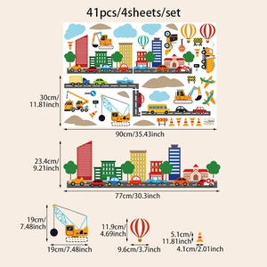 Detailed size chart for 41pcs cartoon car and city building wall stickers set