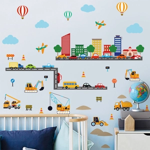 Cartoon city traffic wall decals with cars and buildings for kids bedroom decoration