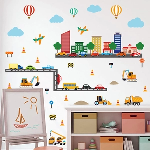 Cartoon City Traffic Wall Stickers PVC Waterproof Cars Construction Vehicles For Kids Nursery Bedroom Home Wall Decor