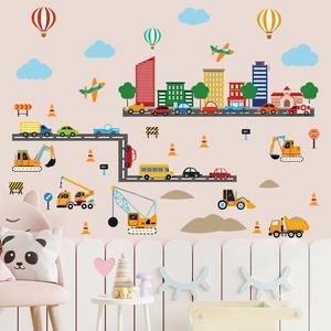 Cartoon city traffic and construction wall stickers for kids nursery bedroom decor