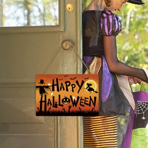 Halloween Wooden Hanging Sign Happy Halloween Pumpkin Scarecrow Witch Bat Wall Decor For Home Festive Party Wall Decoration