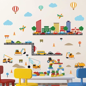 Cartoon city wall stickers with colorful cars buildings and balloons for kids room