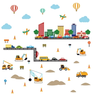 Cartoon city transport wall stickers with cars, buildings and road signs for kids room