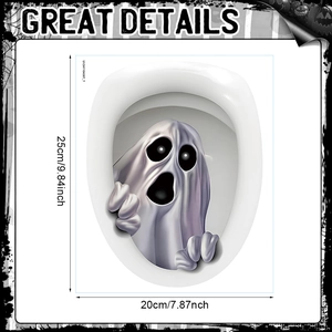 Detailed view of 3D ghost toilet lid sticker showing dimensions 20x25cm and texture