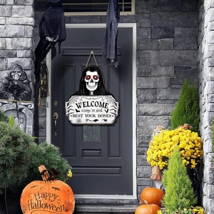 Plaque de porte squelette Halloween avec yeux rouges et texte de bienvenue déco