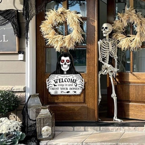 Panneau de porte faucheuse d'Halloween avec texte Welcome Rest Your Bones sur bois