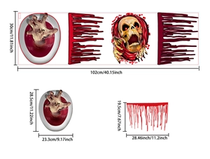 Detail showing 3D bloody handprints and skull stickers with precise dimensions for Halloween