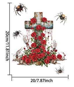 Detail view of Halloween toilet sticker with RIP cross, red roses and spider patterns