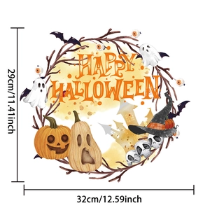 Detail showing Happy Halloween wreath dimensions 29x32cm with ghost and pumpkin decals