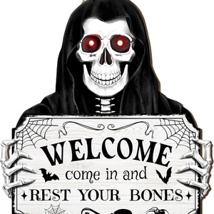Panneau de porte squelette Halloween avec yeux rouges et texte Welcome REST YOUR BONES