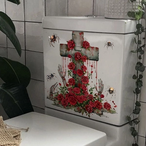Halloween toilet sticker with red roses, stone RIP cross, spiders and skeletal hands design