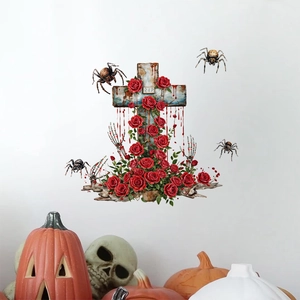 Halloween toilet sticker with red roses, RIP cross, and spiders on a white wall